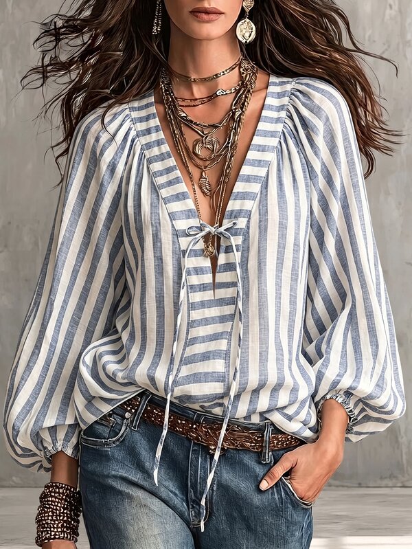 Glimmora Blusa de mujer de otoño nueva estilo francés casual a rayas para vacaciones con cuello en V, holgada, efecto adelgazante, mangas largas abullonadas y lazo