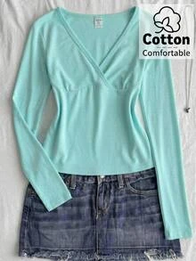 SHEIN Camiseta casual y versátil de unicolor con cuello en V y manga larga para adolescente, estilo lindo, azul cerceta, cumpleaños, botella, otoño, vuelta a la escuela/otoño, Y2k - Azul menta - Ver 2
