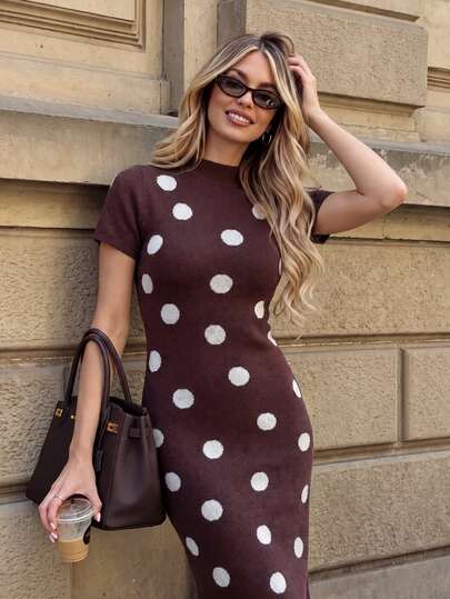 SHEIN Women's Summer/ New Fashion Retro Casual Brown And White Polka Dot Street Style Elegant Knit Dress Brunch