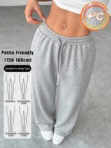 SHEIN PETITE Casual Versatile Loose Solid Color Sweatpants,Fall Pants,Sweatpants,Suitable For Gyms,Grey Pants,Outing Pants,Fall/Winter,Petite - Grey - View 1