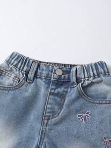 SHEIN Elladie kids 少女款百搭時尚休閒藍色直筒牛仔長褲 - 淺色水洗藍 - 查看 4