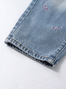 SHEIN Elladie kids 少女款百搭時尚休閒藍色直筒牛仔長褲 - 淺色水洗藍 - 查看 7