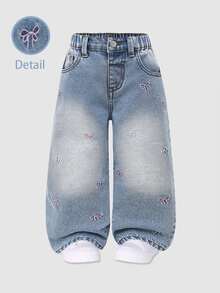 SHEIN Elladie kids 少女款百搭時尚休閒藍色直筒牛仔長褲 - 淺色水洗藍 - 查看 3