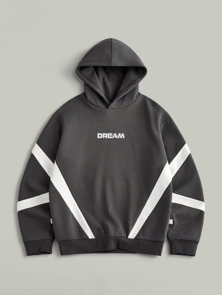 Lonveris Geometric Colorblock Letter Print Hoodie, Geometric Colorblock Captures Street Focus, Wear DREAM Dream, Express Your Cool Attitude - Dark Grey - View 3