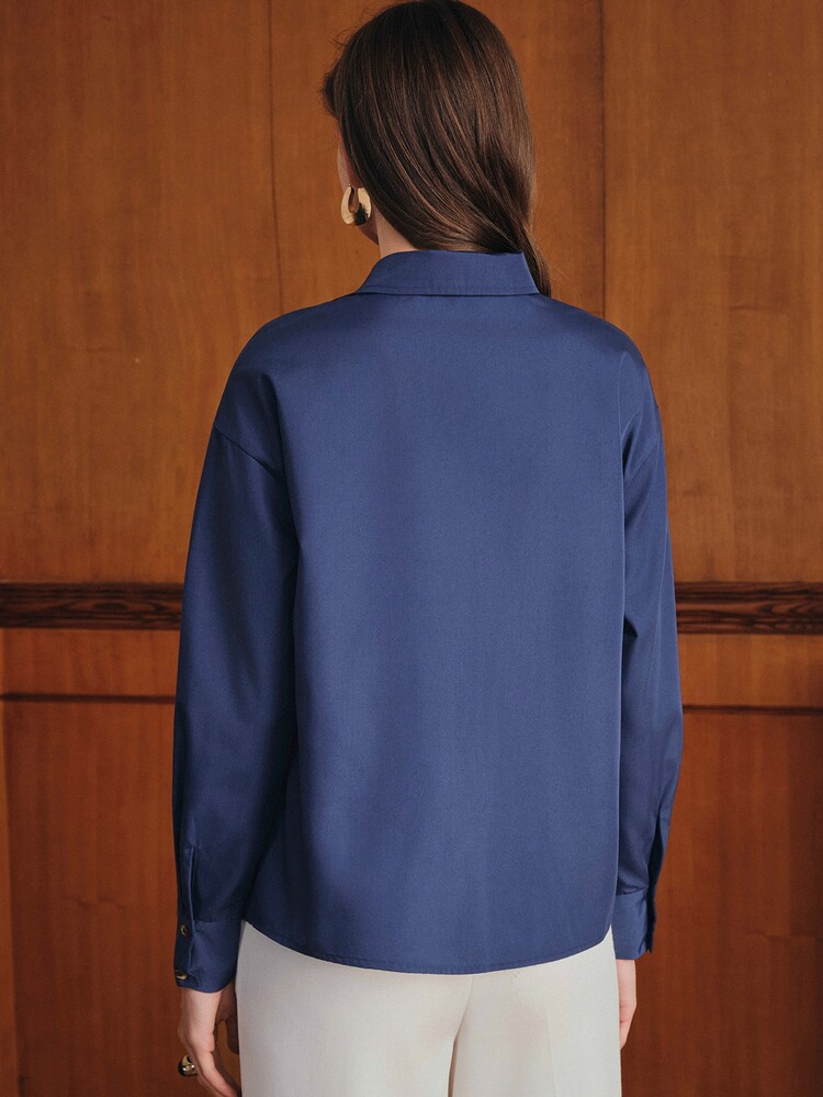 Anewsta Autumn/Winter All-Season Asymmetric Button Design Dark Navy Blue Lapel Urban Modern Elegant Versatile Women's Long Sleeve Blouse - Blue - View 3