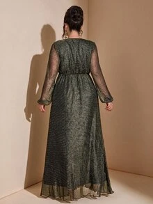 Cravure Women's Plus Size Autumn Winter Date Party Banquet Dress With Pleated Gold & Silver Metallic Thread, Slit, Ruched Wrap Long Sleeve Fall/Winter Party - Gold - View 6