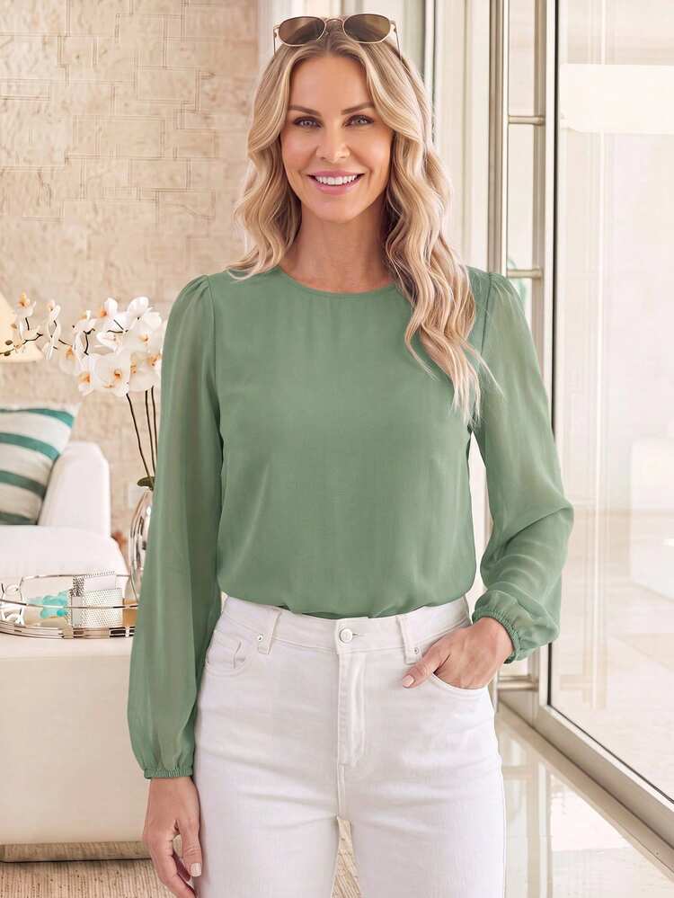 EMERY ROSE Sage Green Autumn Casual Elegant Classy Office Minimalist Round Neck Raglan Lantern Sleeve Mesh Patchwork Chiffon Blouse Long Sleeve Top For Women - Mint Green - View 7
