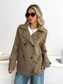 Easowa 女款格紋休閒優雅百搭日常通勤旅行風衣外套 深棕色 秋季 - 棕色 - 查看 6
