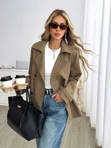 Easowa 女款格紋休閒優雅百搭日常通勤旅行風衣外套 深棕色 秋季 - 棕色 - 查看 5