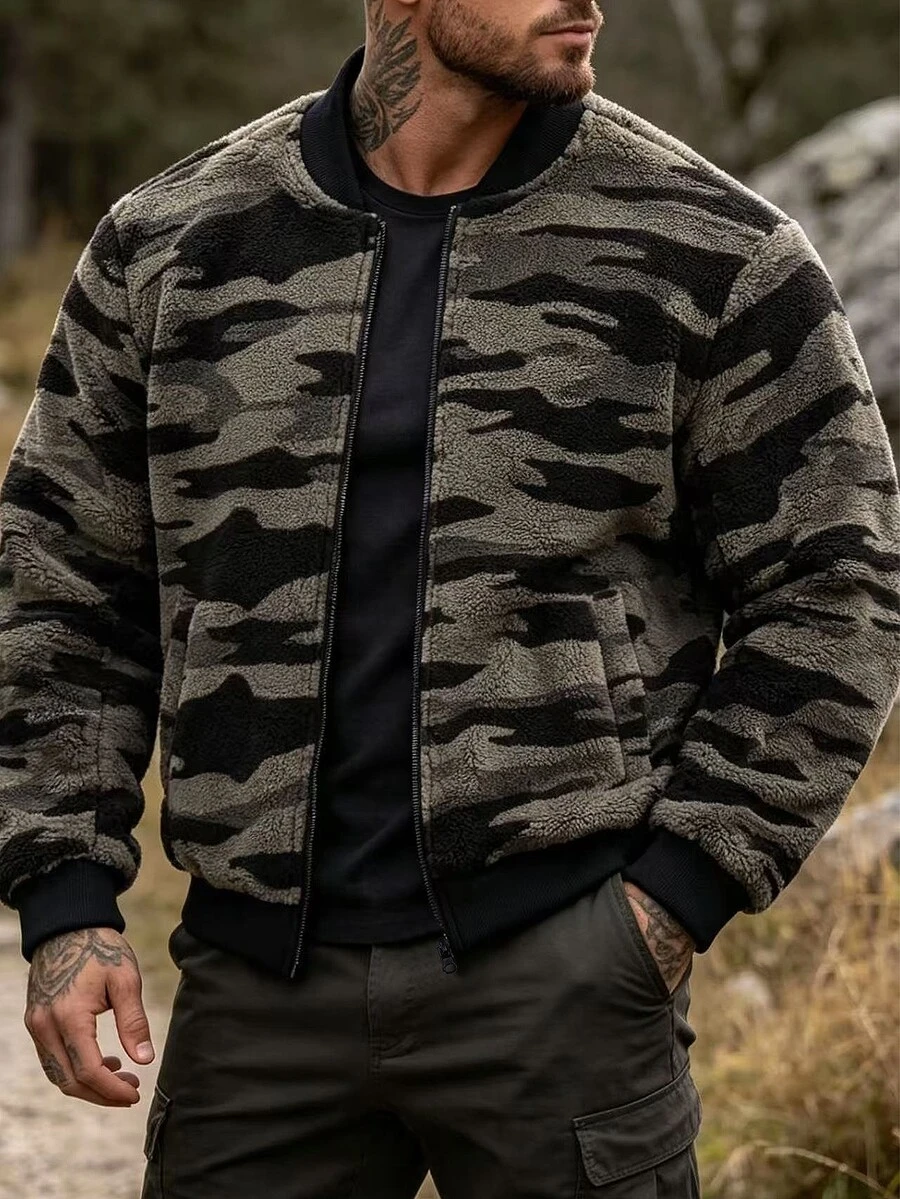 Manfinity Roughcore Men's Autumn/Winter Casual Camouflage Print Warm Jacket - Black - View 1