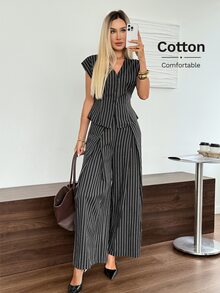 Easowa 女款休閒商務專業優雅襯衫與寬腿褲2件套，適合通勤、晚餐、辦公室，時尚棉質深灰色夏季款 - 黑與白 - 查看 8