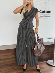 Easowa 女款休閒商務專業優雅襯衫與寬腿褲2件套，適合通勤、晚餐、辦公室，時尚棉質深灰色夏季款 - 黑與白 - 查看 6