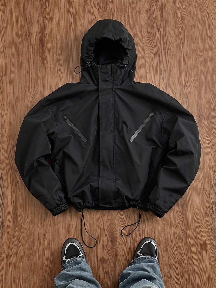 SWAVVY Men's Solid Color Casual Versatile Daily Wear Hooded Jacket - Black - View 1