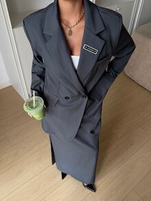 Aidyla 女士秋季时尚复古风双排扣开衩褶皱A字裙高端宽松商务休闲套装秋季女装裙装套装女士套装连衣裙西装裙套装女士西装裙套装 - 灰色 - 查看 4