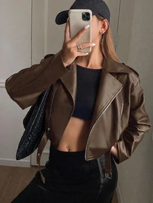 DAZY Women Loose Casual Motorcycle Style PU Leather Jacket, Long Sleeve,Fall Clothes - Brown - View 6