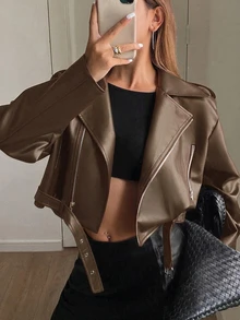 DAZY Women Loose Casual Motorcycle Style PU Leather Jacket, Long Sleeve,Fall Clothes - Brown - View 5