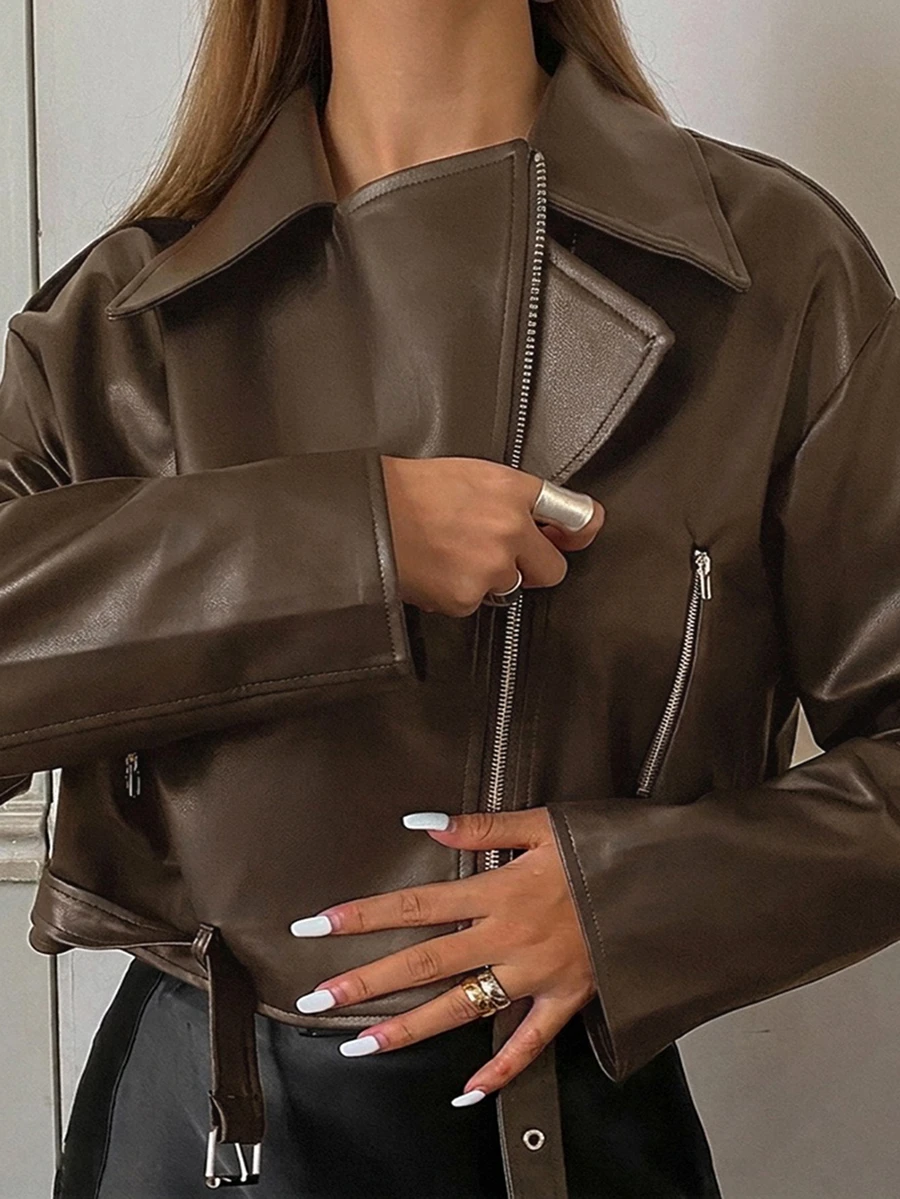 DAZY Women Loose Casual Motorcycle Style PU Leather Jacket, Long Sleeve,Fall Clothes - Brown - View 1