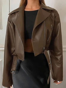 DAZY Women Loose Casual Motorcycle Style PU Leather Jacket, Long Sleeve,Fall Clothes - Brown - View 4