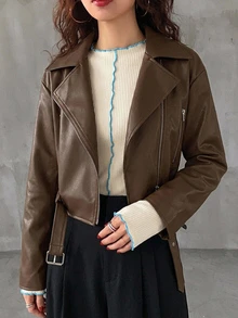DAZY Women Loose Casual Motorcycle Style PU Leather Jacket, Long Sleeve,Fall Clothes - Brown - View 7