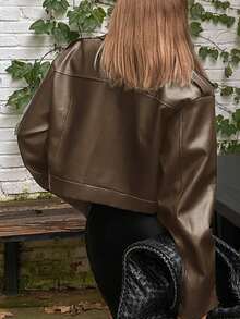 DAZY Women Loose Casual Motorcycle Style PU Leather Jacket, Long Sleeve,Fall Clothes - Brown - View 2