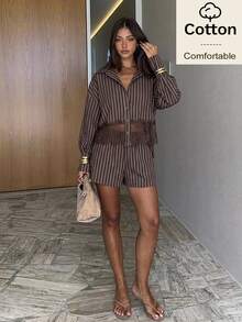 Siren Gaze Women Fall Cotton Brown Pleated Waist-Cinched Lace Trim Blouse Shorts 2pieceset Casual Asymmetrical Hem Festival Vacation Streetwear Back To School - Brown - View 7