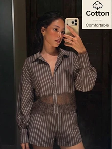 Siren Gaze Women Fall Cotton Brown Pleated Waist-Cinched Lace Trim Blouse Shorts 2pieceset Casual Asymmetrical Hem Festival Vacation Streetwear Back To School - Brown - View 8