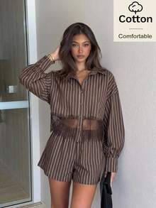 Siren Gaze Women Fall Cotton Brown Pleated Waist-Cinched Lace Trim Blouse Shorts 2pieceset Casual Asymmetrical Hem Festival Vacation Streetwear Back To School - Brown - View 3