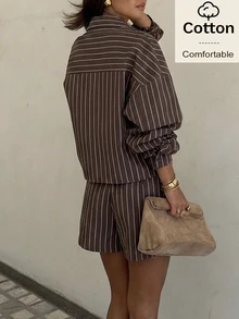 Siren Gaze Women Fall Cotton Brown Pleated Waist-Cinched Lace Trim Blouse Shorts 2pieceset Casual Asymmetrical Hem Festival Vacation Streetwear Back To School - Brown - View 6