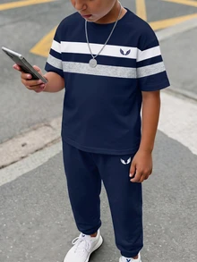 青少年男孩休閒舒適時尚極簡圓領短袖T恤與長褲套裝 - 彩色 - 查看 6