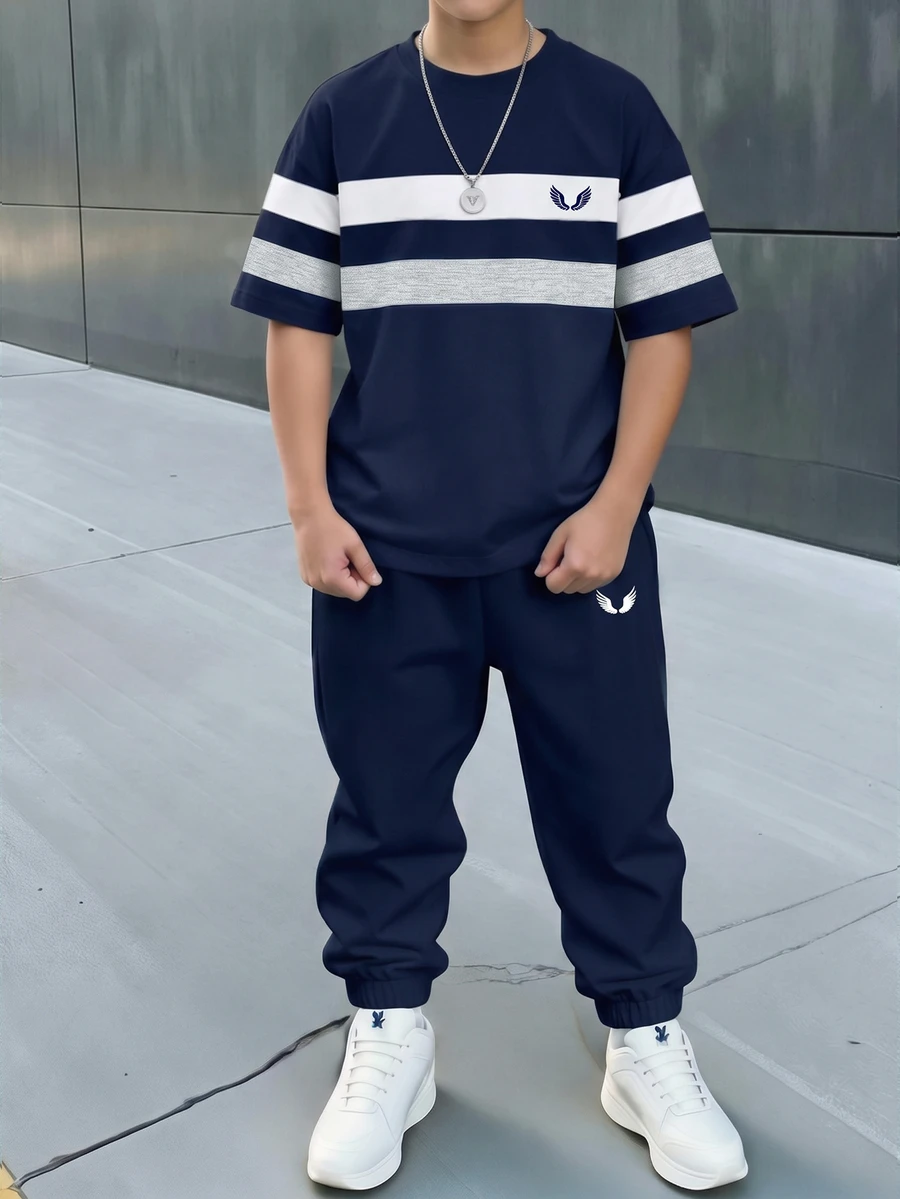 青少年男孩休閒舒適時尚極簡圓領短袖T恤與長褲套裝 - 彩色 - 查看 1