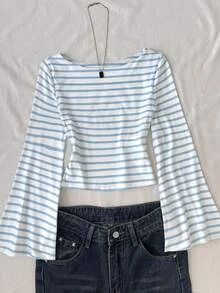 SHEIN Tween Girls T-Shirts Blue Kids And White Striped Long Sleeve Knit T-Shirt - Blue and White - View 6
