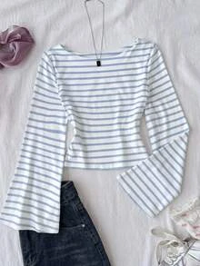 SHEIN Tween Girls T-Shirts Blue Kids And White Striped Long Sleeve Knit T-Shirt - Blue and White - View 4