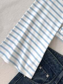 SHEIN Tween Girls T-Shirts Blue Kids And White Striped Long Sleeve Knit T-Shirt - Blue and White - View 5