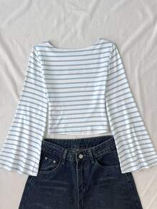 SHEIN Tween Girls T-Shirts Blue Kids And White Striped Long Sleeve Knit T-Shirt - Blue and White - View 7