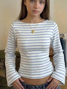 SHEIN Tween Girls T-Shirts Blue Kids And White Striped Long Sleeve Knit T-Shirt - Blue and White - View 2