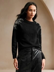 Anewsta 优雅水钻装饰圆领黑色毛衣上衣，情人节女士穿搭 - 黑色 - 查看 6