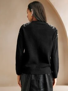 Anewsta 优雅水钻装饰圆领黑色毛衣上衣，情人节女士穿搭 - 黑色 - 查看 2