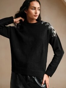 Anewsta 优雅水钻装饰圆领黑色毛衣上衣，情人节女士穿搭 - 黑色 - 查看 5