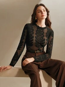 Anewsta 优雅花卉提花薄纱圆领女士黑色毛衣，中国新年服装，女士冬季针织套头毛衣，女士提花衬衫 - 黑色 - 查看 3