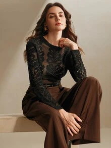 Anewsta 优雅花卉提花薄纱圆领女士黑色毛衣，中国新年服装，女士冬季针织套头毛衣，女士提花衬衫 - 黑色 - 查看 4