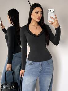 Flexra Women's Mixed Contrast Lace Long Sleeve Knit Denim Top - Grey - View 6