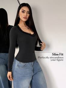 Flexra Women's Mixed Contrast Lace Long Sleeve Knit Denim Top - Grey - View 5