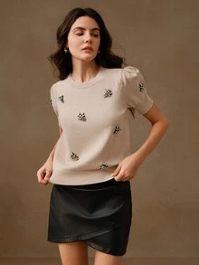 Anewsta 女士串珠泡泡袖针织套头衫衬衫 T 恤，情人节、度假、新年 - 杏色 - 查看 5