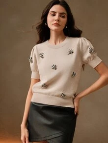 Anewsta 女士串珠泡泡袖针织套头衫衬衫 T 恤，情人节、度假、新年 - 杏色 - 查看 4