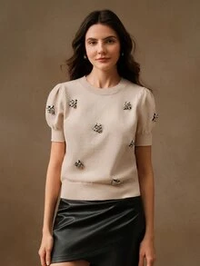 Anewsta 女士串珠泡泡袖针织套头衫衬衫 T 恤，情人节、度假、新年 - 杏色 - 查看 7