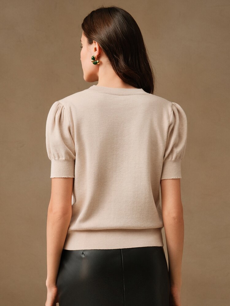 Anewsta Women Beaded Puff Sleeve Knitted Pullover Blouse Shirt T-Shirt, Valentine's Day, Vacation, New Year's - Apricot - View 3