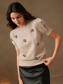 Anewsta 女士串珠泡泡袖针织套头衫衬衫 T 恤，情人节、度假、新年 - 杏色 - 查看 6