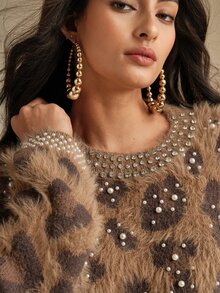 Anewsta Women's Winter Christmas Leopard Print Embellished Fuzzy Crew Neck Long Sleeve Brown Sweater - Yellow - View 7