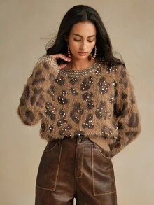 Anewsta Women's Winter Christmas Leopard Print Embellished Fuzzy Crew Neck Long Sleeve Brown Sweater - Yellow - View 8