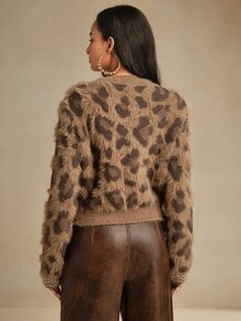 Anewsta Women's Winter Christmas Leopard Print Embellished Fuzzy Crew Neck Long Sleeve Brown Sweater - Yellow - View 2